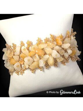 Boho Mixed Gemstone Chip & Seed Bead Cluster Bracelet Beaded Toggle 6.5 Inch